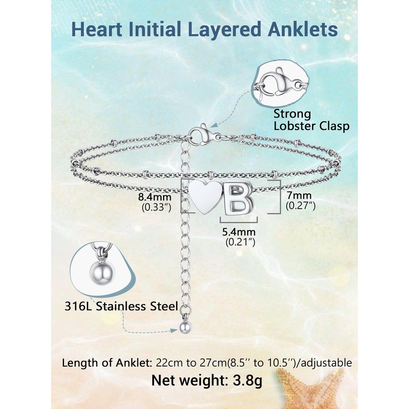PROSTEEL Initial B Anklet Stainless Steel Heart Ankle Bracelet for