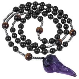 TUMBEELLUWA Raven Skull Necklace with Long Chain Black Crystal Beaded Necklaces Gothic Viking Crow Head Bird Jewelry for Men Women, Amethyst