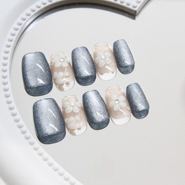 Press On Nails Short Square Set with flowers Design,Reusable Nail Kit with Nail Glue Adhesive Tabs, Glossy Nails for Women Girls