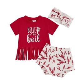 Gaono Toddler Baby Girl Crawfish Outfit Belle Of boil Sleeveless Tassel Tank Top Lobster Shorts/Bell Bottom Summer Clothes (B-Red, 12-18 Months)