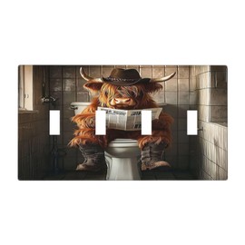 Naiqadnehz Light Switch Covers Funny Highland Cow Sitting On The Toilet Reading Newspaper Quad Toggle 4 Gang Wall Plate Electrical Faceplate Decorative Switch Plates for Bedroom Bathroom Decor