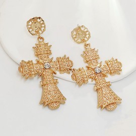 Stunning Statement Oversize Gold Metallic Flower Cross Earrings, Brass, crystal