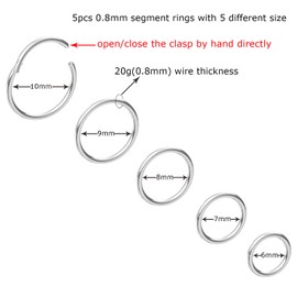 NewkeepsR 5pcs-20G(0.8mm) Hinged Clicker Steel Nose Ring Hypoallergenic Full Hoops, Implant Grade Clasp Setpum Sleeper Seamless Earrings Helix Piercing-6mm/7mm/8mm/9mm/10mm