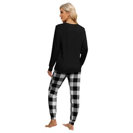 KFUBUO Women's Pajama Sets Long Sleeve Sleepwear and Jogger 2 Piece Lounge Sets, Black White Plaid, X-Large