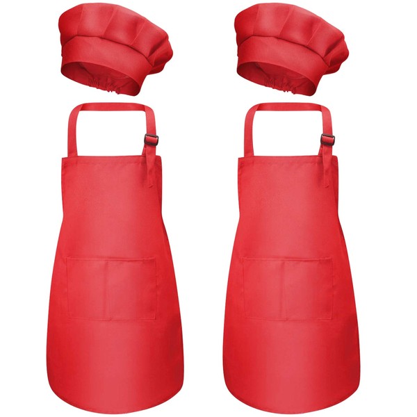 4 Pcs Red Kids Apron and Chef Hat Set, Adjustable