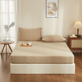 YASMENG Double Muslin Fitted Sheet 140 x 200 cm 100% Cotton Khaki Muslin Bed Sheet 140 x 200 cm Cotton Soft Breathable Cuddly Fitted Sheet Box Spring Bed Suitable for 30 cm Mattress