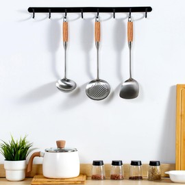 FJNATINH Wok Utensils for Carbon Steel, Stainless Steel Wok Spatula and Ladle, Skimmer Spoon Set Metal 304 Stainless Steel Kitchen Cooking Utensils Sets, 3-Pieces Wok Tools, Wooden Handle 14-15 Inch