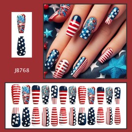 24Pcs Independence Day Press on Nails Medium Ballet Nail Stars Patriotic Fake Nail Flag Stripes Pattern Design 4th of July Press Ons Artificial Fingernails Full Cover Glossy Glue on Nails for Women