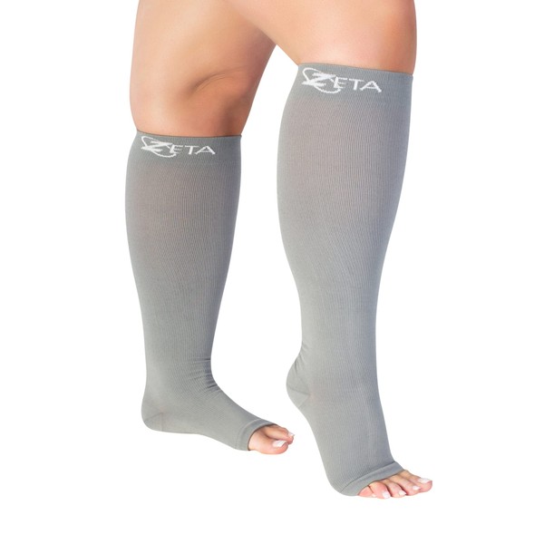 Zeta Wear Plus Size Open Toe Leg Sleeve Support Socks - Wide Calf Compression Open Toe Socks Men and Women Amazing Fit, Travel, Flight Socks, Compression & Soothing Relief, 1 Pair, Size 2XL, Gray