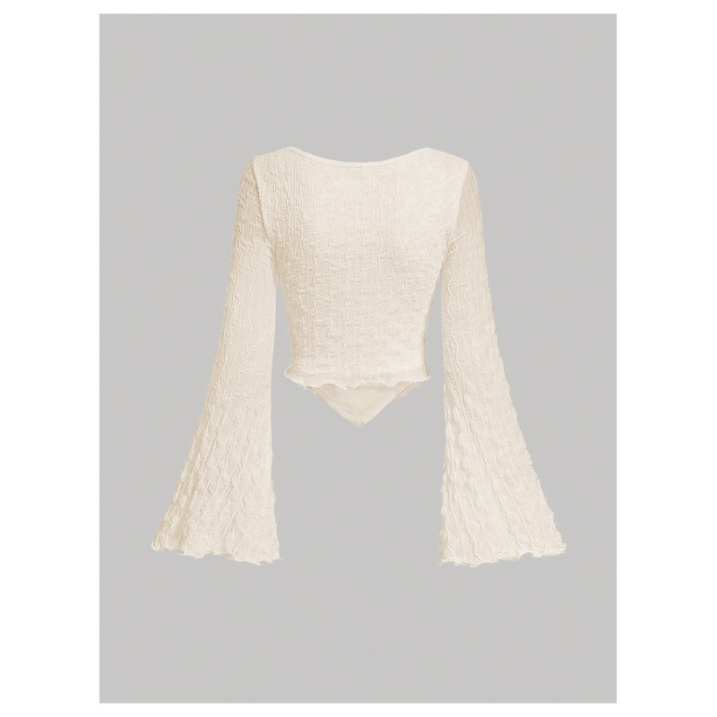 SOLY HUX Women's Long Bell Sleeve Tops Mesh Sweetheart Neck