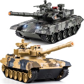 Supdex 1/24 RC Battle Tank Set, Remote Control Chinese Type 99 and Russian T90 Army Toy That Shoots for Kids and Adults, 2.4G RC Vehicle Model Tank 6+ Year Old with Sound, Smoke and Lights