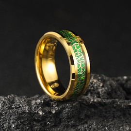 King Will Tungsten Wedding Band For Men 8mm Gold Rings Inlay Green Celtic Knot Male Promise Ring Comfort Fit Size 9