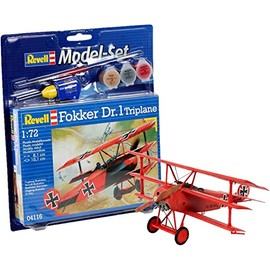 Revell Model Set 64116 Fokker DR.1 Triplane 1:72 Scale Unbuilt/Unpainted Plastic Model Kit with Contacta Professional Glue, Paintbrush & Selected Aqua Color Paints