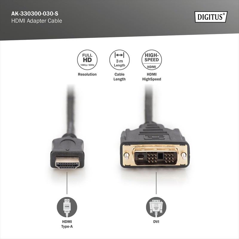 Digitus AK-330300-030-S 3.0m Type A Male - DVI-D(18+1) Male HDMI