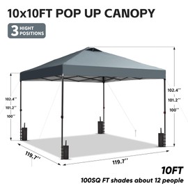 GDY 10x10 Pop Up Canopy Tent, Easy Set up Outdoor Silver Coated Beach Gazebos, Carpas for Pool, Events, Parties, and Camping, Grey.