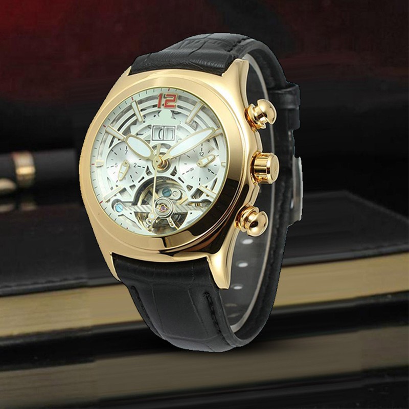 FORSINING Men Automatic Mechanical Waterproof Watch Wristwatch (White Dial Gold