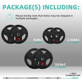 Fitvids Cast Iron 1" Standard Weight Plates Including 5FT Standard Barbell Bar & Star Locks, 45 Pounds Set (35 Lbs Plates + 10 Lbs Barbell Bar), Multiple Packages