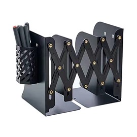 JIARI Adjustable Bookends Book Ends Stand Holder Book Storage Rack Shelf Bookend Desktop Desk Book Organizer with 1pcs Pen Holder (Black)