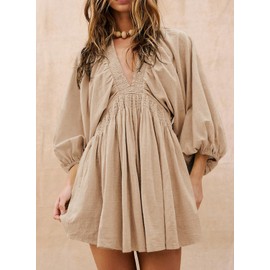 Acelitt Spring Dresses for Women 2025 Fashion Trendy Long Sleeve V Neck Casual Loose Flowy Ruffle A Line Babydoll Mini Dress Beach Vacation Outfits Apricot M