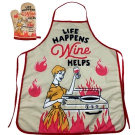 Crazy Dog T-Shirts Funny Cooking Apron – Life Happens Wine Helps Graphic – Cotton Blend Kitchen Apron and Oven Mitt Set for Wine Lover Gifts and Kitchen Accessories - Multi Oven Mitt + Apron