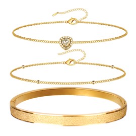 SRunDe 3 Stück Armband Damen Gold, Goldene Armbänder, Armband Verstellbar Damen, Ketten Armbänder Set Edelstahl Schmuck 14K Vergoldet für Frauen und Mädchen Geburtstags Feiertags Geschenke