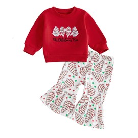 Toddler Baby Girl Christmas Outfit Pullover Sweatshirt Top Flared Pants Set Cute 2 Piece Bell Bottom Outfit (Christmas Tree Bow Red, 3-4T)