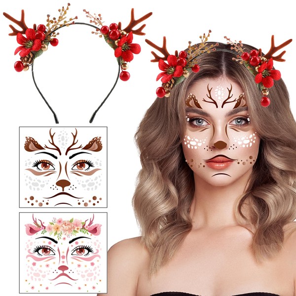 HOWAF 1 Reindeer Headband & 4 Face Tattoos, Reindeer Face