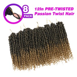 Bileaf 8 Packs Pre-twisted Passion Twist Crochet Hair for Crochet 12 Inch Ombre Passion Twist Hair, Short Passion Twists Hair Pre Looped Crochet Passion Twist Braids T27