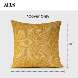 AELS Boho Decorative Textured Throw Pillow Covers 16x16, Organic Modern Mid Century Rainbow Tufted Pillow Case, Farmhouse Rustic Geometric Woven Cushion Case for Bed Couch Sofa, Mustard Yellow