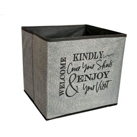 Stylish Foldable Bootie Box that Asks Visitors to Cover Shoes. Just Fill with your Favorite Indoor Shoe Covers. Real Estate Agent Supplies. 11 inches X 10.5 inch Bin. Gray.