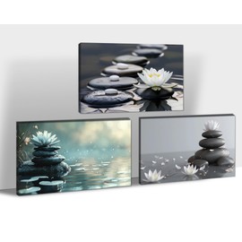 3 Piece Zen Wall Art, Zen Stones and Lotus Wall Art, Lotus Flower Bloom in Water Picture Print Wall Decor for Yoga Spa Room, Framed inspirational Zen Artwork for Meditation Spiritual Room 24"x36"x3Pcs
