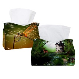 2 Pack Tissue Box Cover Holder, Elk in Forest Castle Rectangle Leather Tissue Case, Decorative Organizer for Tabletop, Bathroom, Car, Office