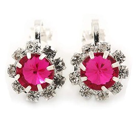 Small Fuchsia, Clear Crystal Floral Clip On Earrings In Silver Tone - 15mm L