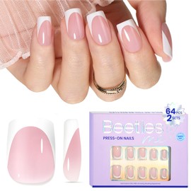 Beetles French Tip Press On Nails, 16 Sizes 64 Pcs Pink Short Size Squoval Shape, Short Square Press On Nails Fake Nails Extensions Gel Nail Tips Nail Art DIY Manicure Christmas Gifts for Women