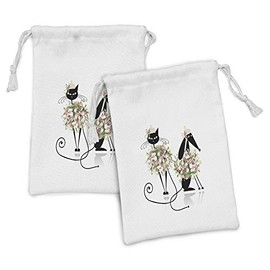 Lunarable Animals Fabric Pouch Set of 2, Glamor Cat and Dog in Floral Clothes High Fashion Feminine Design Priny, Small Drawstring Bag for Toiletries Masks and Favors, 9" x 6", Black White Peach