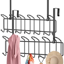 Minggoo Coat Rack Wall Mounted Hook Rack Over The Door Hook Set of 2, Organizer 13 Hooks, Heavy-Duty Iron Wire Black