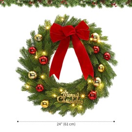 GarveeHome 24 Inch Christmas Wreath for Front Door, Pre-Lit LED Lights Christmas Decor with Red Bow & Balls, Artificial Pine Greenery Wreath for Home Fireplace Wall Window Porch Entryway
