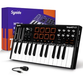 Synido USB C MIDI Keyboard Controller 25 Keys with 8 Backlit Drum Pads, OLED Screen, Compact Mini MIDI Controller for Music Production – Black, TempoKEY K25