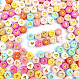 600 pcs Acrylic Colorful Heart Beads for Bracelet Making,Mixed Colors 7 x 4 mm Round Gold Heart Loose Beads for Jewelry Making Friendship Bracelet DIY (Colorful/Gold)