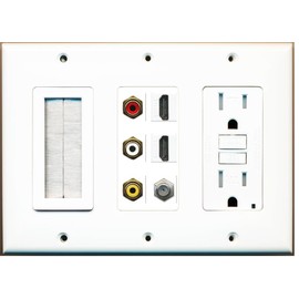 RiteAV - (3 Gang) 15A GFCI Outlet Mesh-Brush 2 HDMI Coax Composite Video Wall Plate White