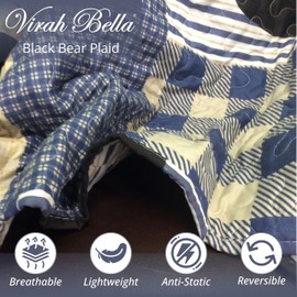 Virah Bella 2 Piece Twin Lodge Quilt Bedding Set - Black Bear Plaid - Rustic Cabin Country Reversible Camping Comforter Set with Decorative Pillow Shams, Blue/Black