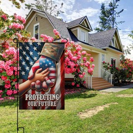 FLAGMEUP8386 Patriotic Garden Flag - Protecting Our Future, Double-Sided 12x18 Inch Banner, Weatherproof Polyester, USA Outdoor Decor