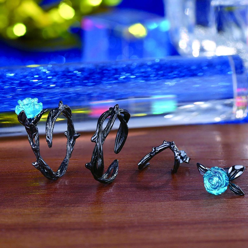 qanyue Rose Rings for Women, Thorn Blue Cubic Zirconia Flower