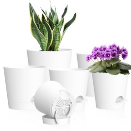 WSMKSZ 7/6.5/6/5.5/5/4 inch Self Watering Pots for Indoor Outdoor Plants, 6 Pack Plastic Flower Planters with Drainage Holes and Removable Saucers, Plant Pots with Wicking Rope, Modern Decor, White