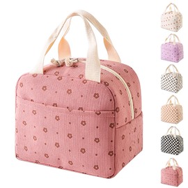 Lunch Bags for Women Men - Corduroy Insulated Lunch Tote Bag for Adults and Kids, Reusable Thermal Lunch Box Cooler Bento Bag for Work School Picnic Travel Flower Red