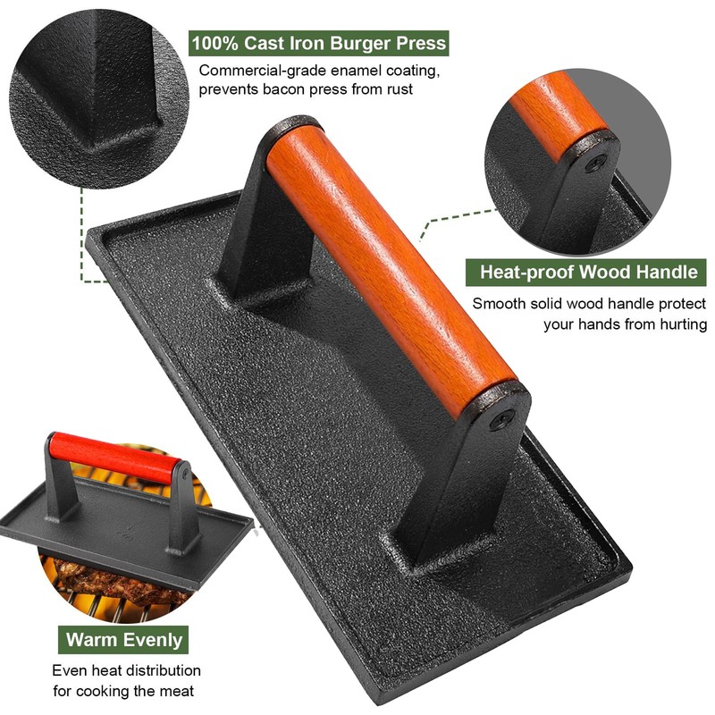 Hamburger Press Professional Heavy Duty Cast Iron Bacon Press Smasher
