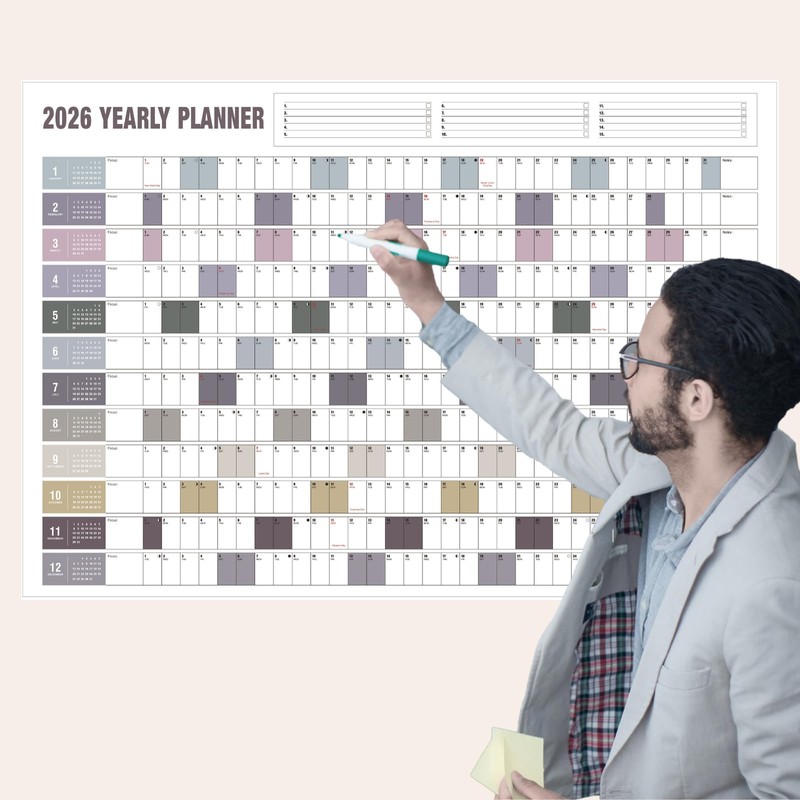 Yearly Wall Calendar with Holidays, Full Year Calendar One Page,