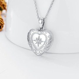 SOULMEET 18k Plated White Gold Starburst Locket Necklace That Holds 1 Picture Photo Diamond Cut Heart Locket Necklace (Locket only)