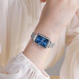 Taxau Womans Watches Silver Mesh Watch Square Blue Dial Women's Dress Arabic Numeral Easy to Read Womens Watches for Small Wrists Waterproof Dainty Female Watch Simple Casual Reloj para Mujer