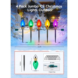 Brightown 4 Pack Jumbo C9 Christmas Pathway Lights Outdoor Decorations Lawn with Stakes,Tota 34Ft 20 LED String Lights Covered Jumbo Multicolored Walkway Lights Bulb for Holiday Outside Yard Decor
